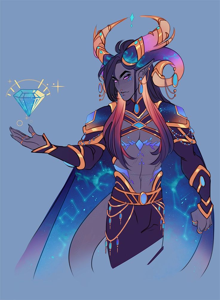 a digital art illustration of an animestyle male demon with long dark purple and red hair, wearing gold jewelry and a blue and gold cape. he has gold horns that curve back behind his head. he is holding a diamond in his left hand. the background is a soft blue.