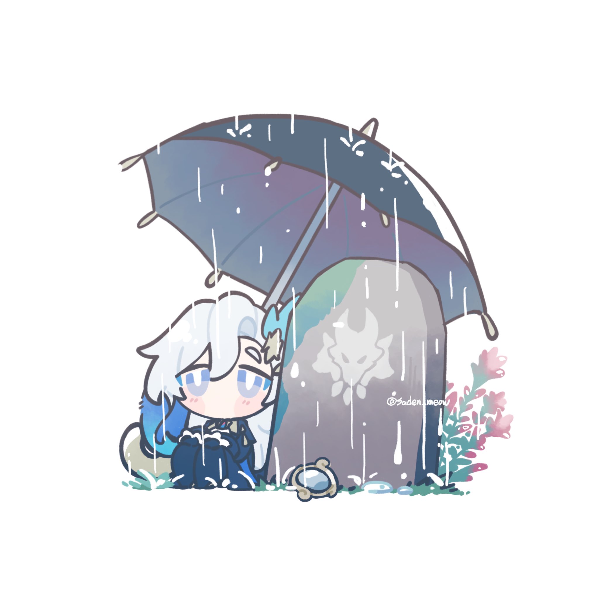 he image is a cute chibistyle fanart of ganyu from genshin impact. she's sitting under a dark umbrella next to a tombstone in the rain.  the overall style is soft and pastel, giving a melancholic yet peaceful mood. ganyu appears sad, and the scene evokes a sense of quiet sorrow.  there are small flowers near the tombstone, adding to the tender and slightly somber atmosphere.  the artwork is digitally drawn, with a style reminiscent of watercolor or pastel painting.
