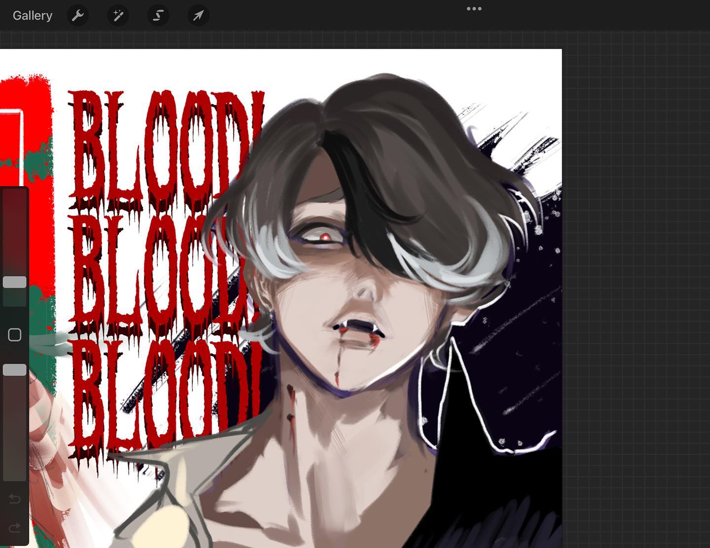 a digital drawing of an animestyle male vampire with blood on his mouth and chin. he has dark hair with a white streak, red eyes, and fangs. he is wearing a white shirt with a dark jacket. the background is dark with the word "blood" repeated three times in red. the lighting is dramatic, creating a sense of horror.