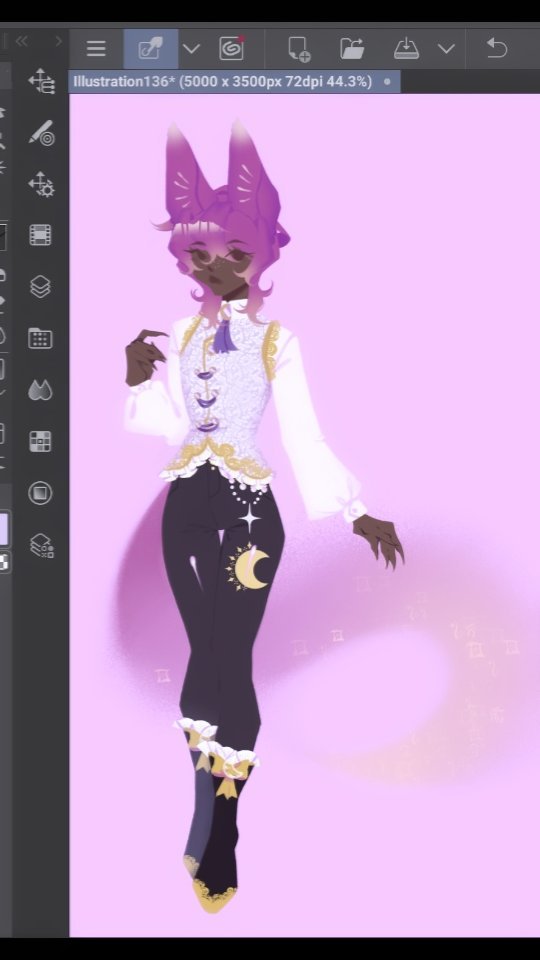 the image shows a digital illustration of an animestyle character. the character has purple, catlike ears, dark skin, and is wearing an elegant outfit featuring a white vest with gold detailing, dark pants adorned with celestial motifs (moon and stars), and stylish socks and shoes. the character is posed gracefully, and the background is a soft, light purple with subtle glowing effects, creating a magical and fantasy atmosphere. the artwork is likely created using clip studio paint software, as indicated in the image's metadata. the overall style is quite sophisticated and detailed, exhibiting a high level of artistry.