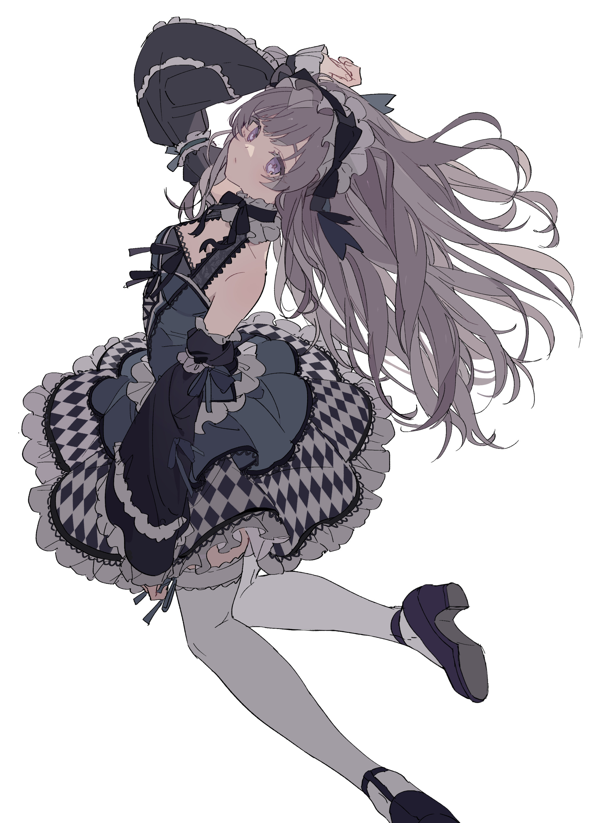 an anime girl in lolita fashion, featuring a ruffled dress with diamond patterns, ribbons, and a headdress, long flowing hair, socks, and mary janes.