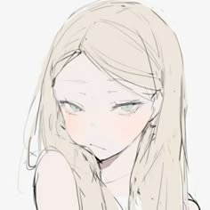 a drawing of an anime girl with long, flowing blonde hair. she is looking down with a soft, serene expression. her features are delicate and elegant, with large eyes, a small nose, and a delicate mouth. her hair is simple, but it frames her face beautifully. she appears to be thoughtful or introspective. the drawing is very light and airy, and the girl's soft features give her a peaceful and ethereal quality.