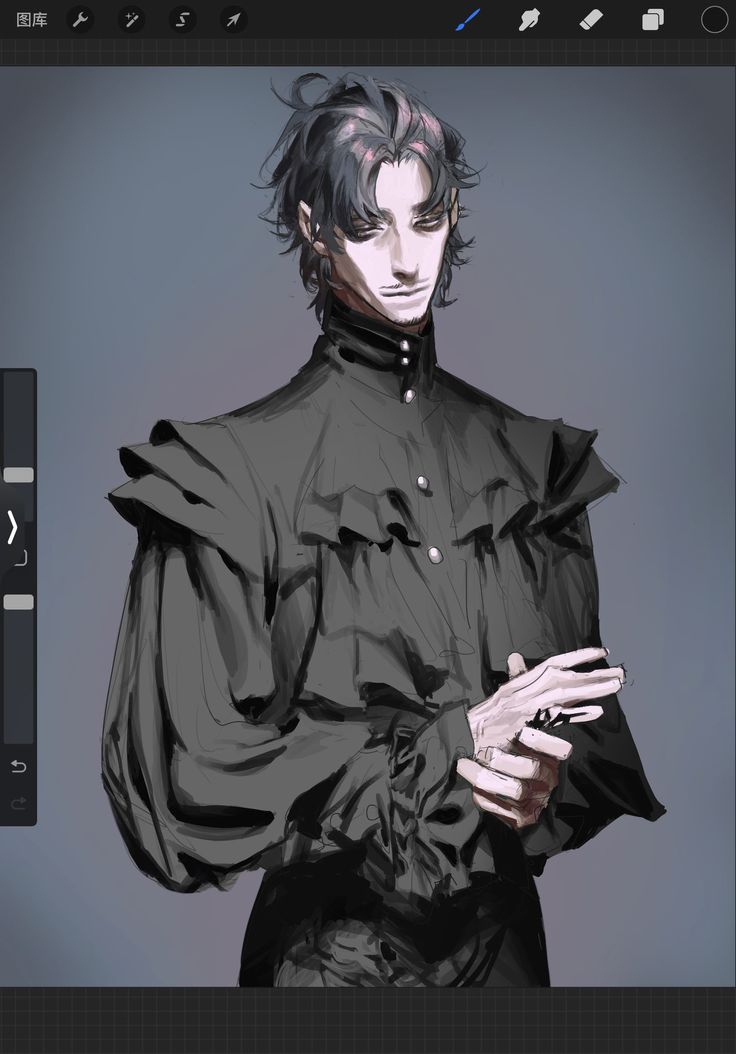 the image shows a digital painting in progress of a male character. the character is depicted from the chest up, and he is wearing a dark, elegant outfit with ruffled sleeves.  his expression is serious, and he has dark hair styled neatly. the background is a muted gray. the image also includes a portion of a digital art program's interface showing various tools and options. the overall style of the art is reminiscent of anime or manga, with a focus on stylistic rendering and shading.