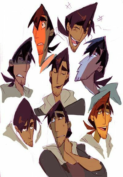 this is a digital illustration of a character sketch with multiple versions of the face with different expressions. the character has dark brown hair and brown eyes. the character is drawn in an anime style with exaggerated features. the background is white.