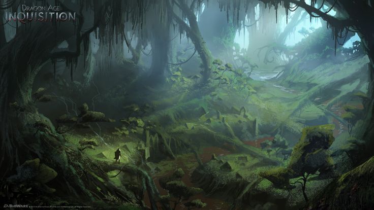 the image is concept art for dragon age inquisition, showcasing a dark and mysterious forest landscape. the scene is filled with towering trees covered in moss, suggesting an overgrown and swampy environment. a lone figure is visible near the base of a large tree, possibly an adventurer or explorer. the forest also features ruins, adding an element of mystery. a river winds through the scene, and the overall atmosphere is dark and lush with a hint of fog.