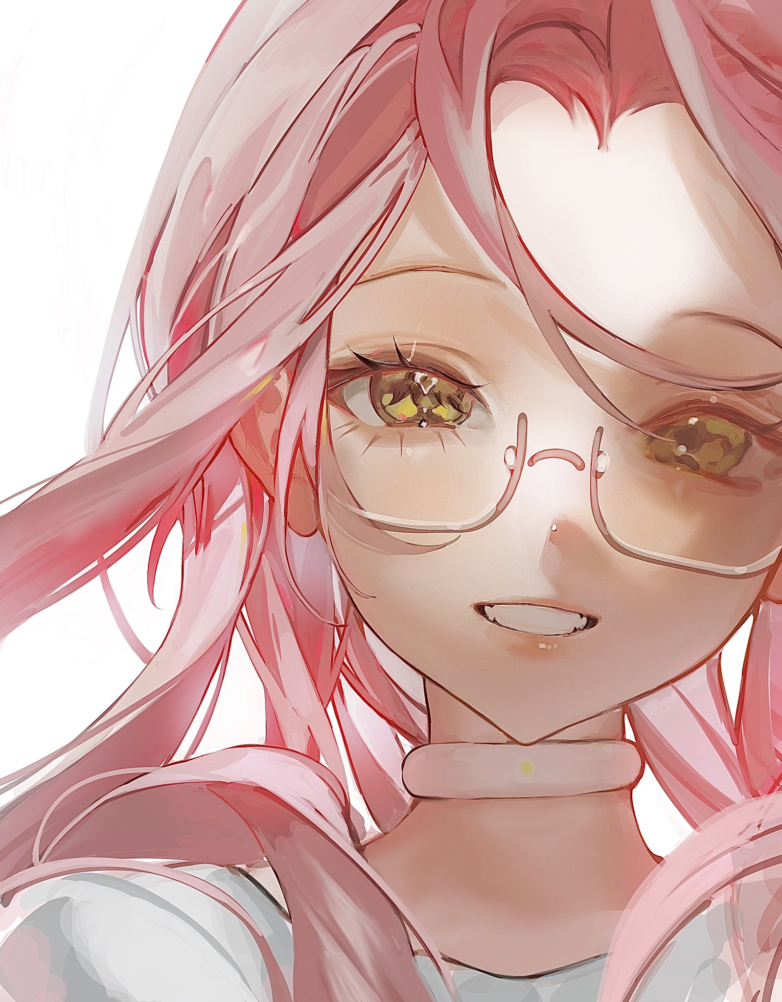 this is a close up image of an anime girl with pink hair, wearing glasses and smiling. she has big eyes with yellow pupils and her mouth is slightly open, revealing a smile. her hair is long and flowing and her eyes are bright. she's wearing a choker around her neck and her skin is soft and smooth. the background is white, which makes her features stand out even more. the image is done in a digital painting style and is full of soft, pastel colors.
