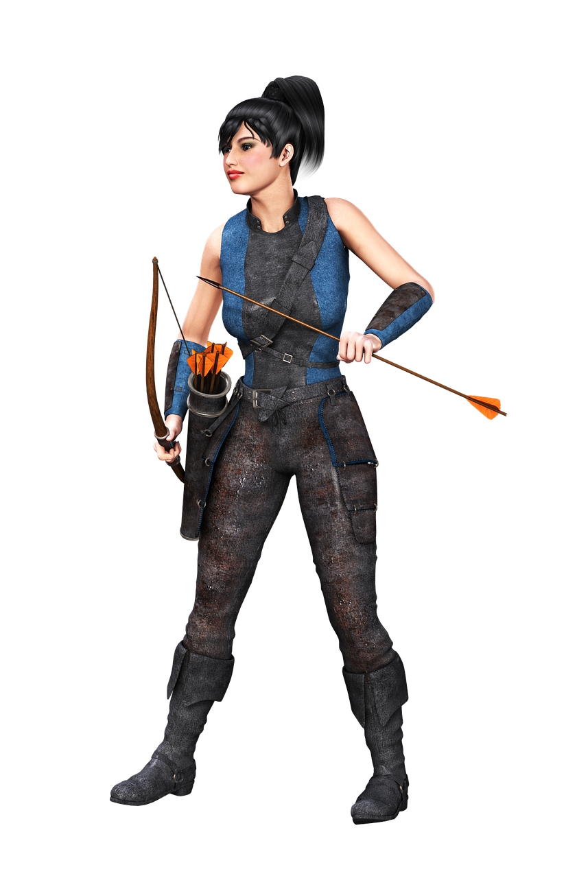 a female warrior archer stands against a black background. she is dressed in blue and gray leather armor, with a bow in one hand and an arrow in the other. a quiver full of arrows hangs at her side. her hair is pulled back in a ponytail.