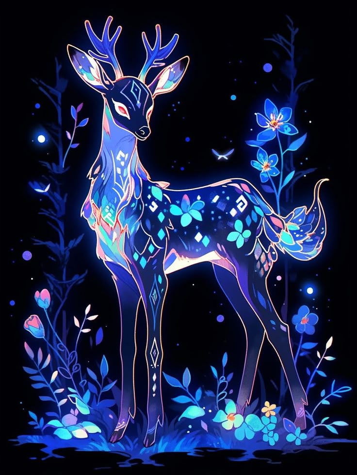 a stylized digital illustration of a neonglowing deer standing in a dark forest with blue flowers. the deer is mostly blue with various geometric and floral patterns and has glowing antlers and red eyes. the background is black with blue flowers and trees surrounding the deer.