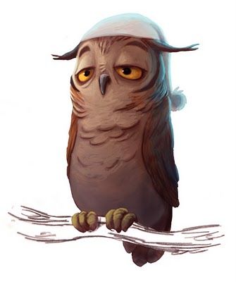 a cartoon illustration of a tiredlooking owl wearing a white nightcap with a pompom on the end, perched on a branch. the owl has brown feathers and yellow eyes, and it looks sleepy or bored.