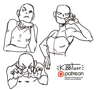 the image is a collection of sketches for figure drawing. it shows the outlines of three figures: a woman with her arm up, a man resting his chin on his hand, and a man with both of his hands up. the artist's name, "kibbitzer" is written at the bottom of the image.