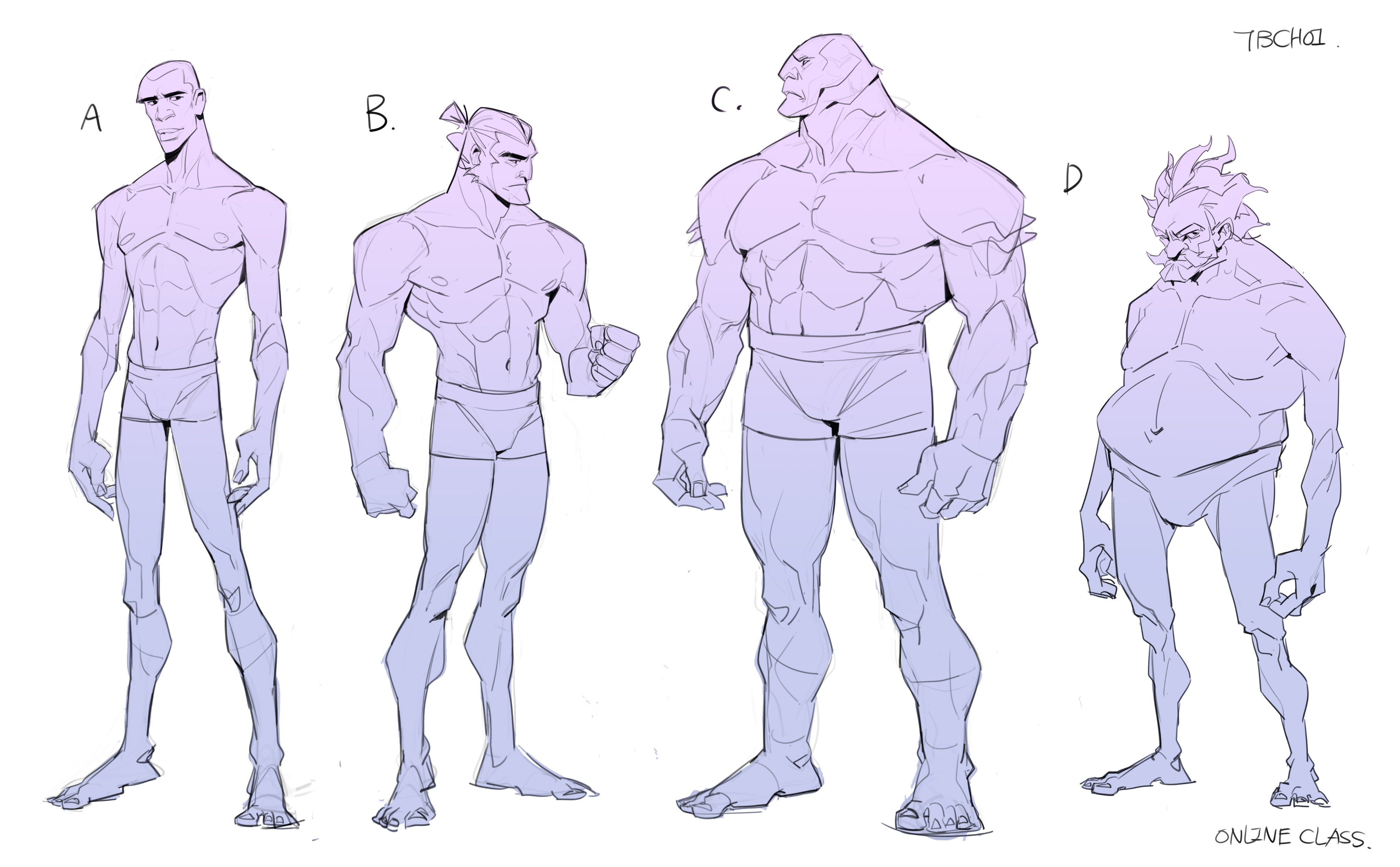 the image shows four different male figure drawings, labeled a, b, c, and d,  created by artist tbchoi. each figure displays a distinct body type: a is lean and relatively slender; b is muscular and athletic; c is extremely muscular and powerful, almost resembling a hulking figure; and d is overweight and stocky. the figures are sketched in a light purplishlavender color with darker lines outlining the forms. the style is a combination of line art and digital painting, exhibiting a stylized approach to human anatomy. the image is likely a character design sheet showcasing various body types for potential use in animation or illustration. the "online class" caption suggests the image might be from an art tutorial.