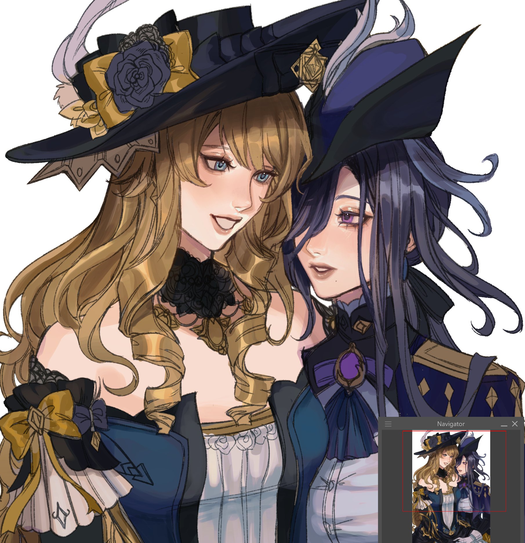 the image depicts a romantic scene between two anime girls. the one on the left has blond hair and is wearing a dark blue and gold dress with a pirate hat. the one on the right has purple hair and is wearing a dark blue and gold uniform with a hat. they are both smiling and looking at each other.