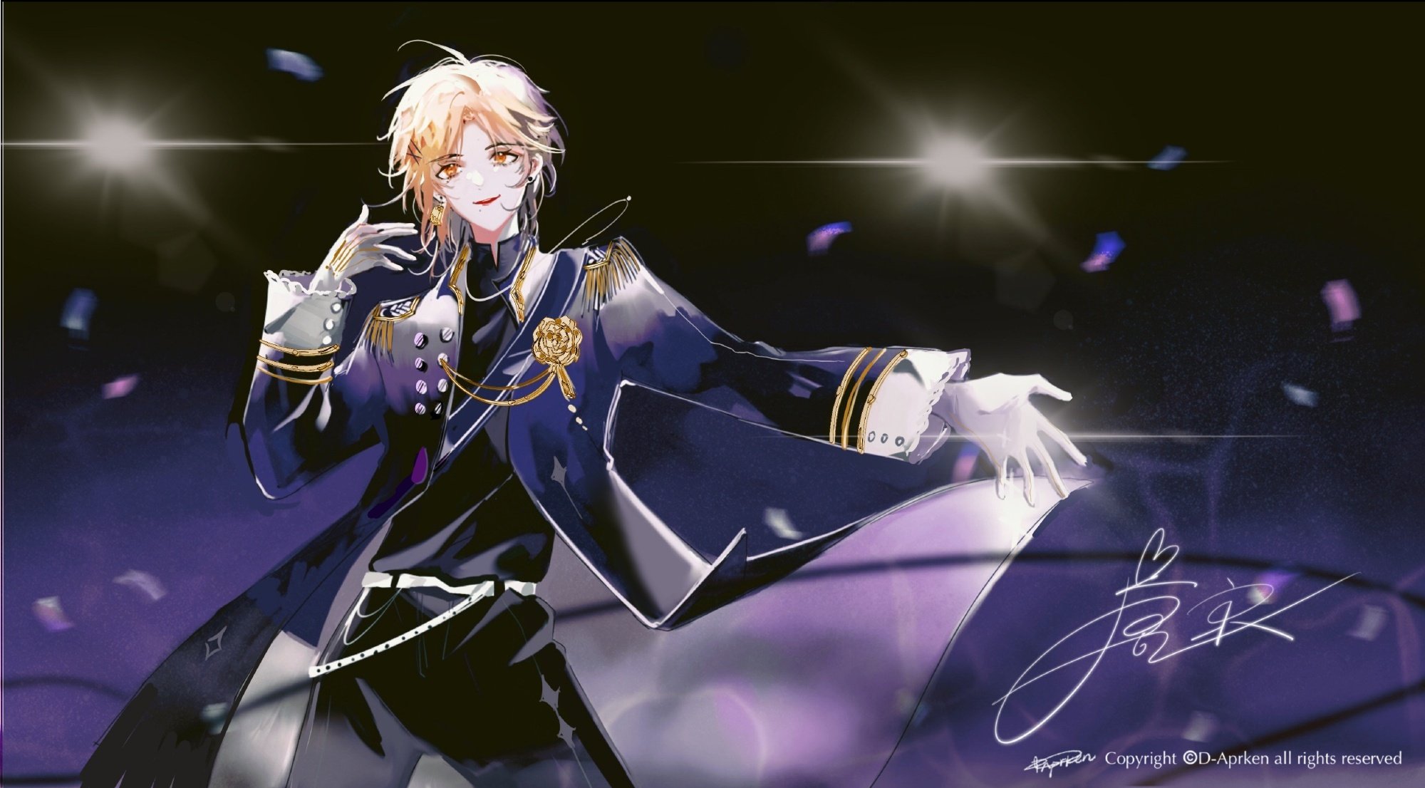 this is a digital illustration of an anime boy dressed in a black and blue suit with golden trim. he has blonde hair and is posed with a charming smile as he sings on stage. he is surrounded by sparkles and lights.
