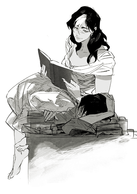 this is a black and white drawing of a woman sitting on a table, reading a book. she is wearing a dress and glasses. a man is sleeping on the table in front of her, resting his head on a pile of books.  it has an anime art style.