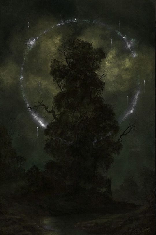 a dark and mysterious landscape featuring a large, shadowy tree silhouetted against a dark green sky. a glowing, broken circle surrounds the tree, with streaks of light emanating from the circle and falling down like rain. the scene is atmospheric and eerie, evoking a sense of magic and the supernatural. the foreground shows other dark trees and foliage.