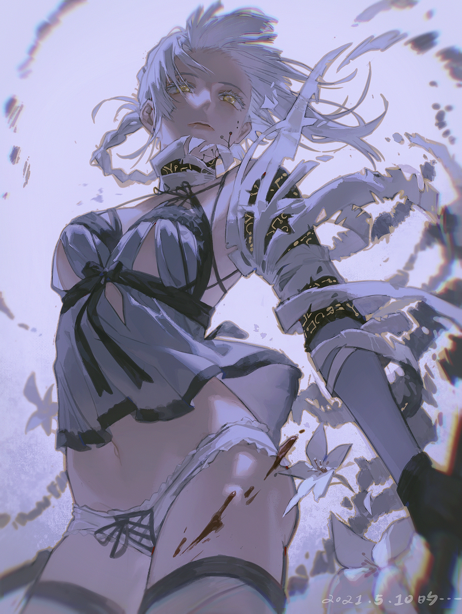 a white haired anime girl in a black dress with white underwear is wounded and looks up with a sad and despairing expression. blood is dripping from her leg wound, and she seems to be in pain. the background is blurred and soft, and the overall atmosphere is somber and melancholic. the girl's facial expression and the blood on her body suggest that she has suffered a great deal, and her posture and gaze convey a sense of hopelessness.