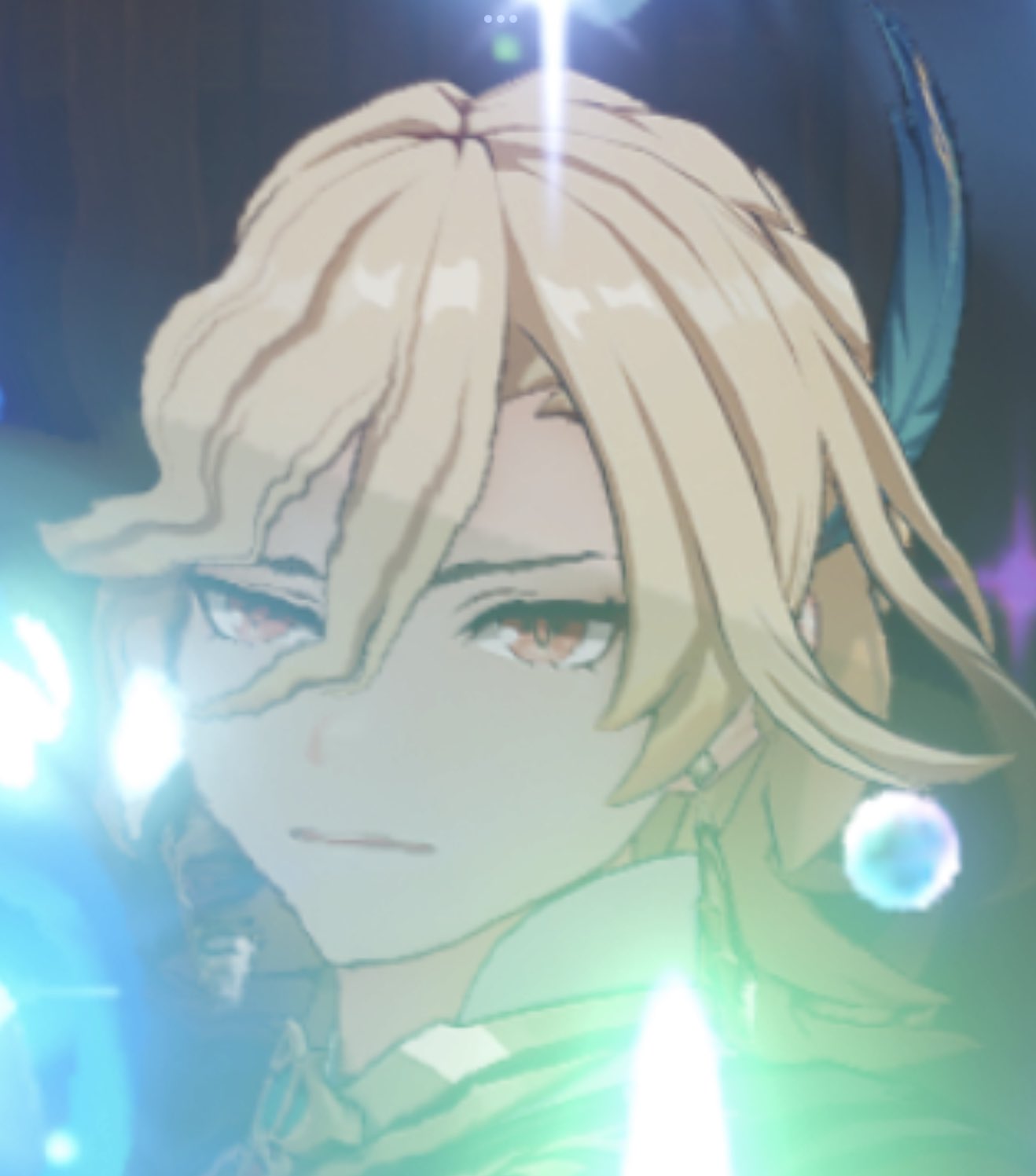 the image is a closeup, stylized portrait of a character that strongly resembles aether or lumine (the traveler twins) from the popular video game genshin impact. the character has long, blonde hair partially obscuring their face, which displays a somewhat serious or slightly sullen expression.  the background is blurry but shows bright, glowing teal and light blue particles, suggestive of magical energy or elemental abilities.  part of a dark blue feather is visible in the upper right corner, potentially hinting at their ingame design or abilities. the overall style is consistent with genshin impact's art direction: animeinspired character design with highquality ingame rendering. the lighting and particle effects enhance the character's mysterious and powerful aura.