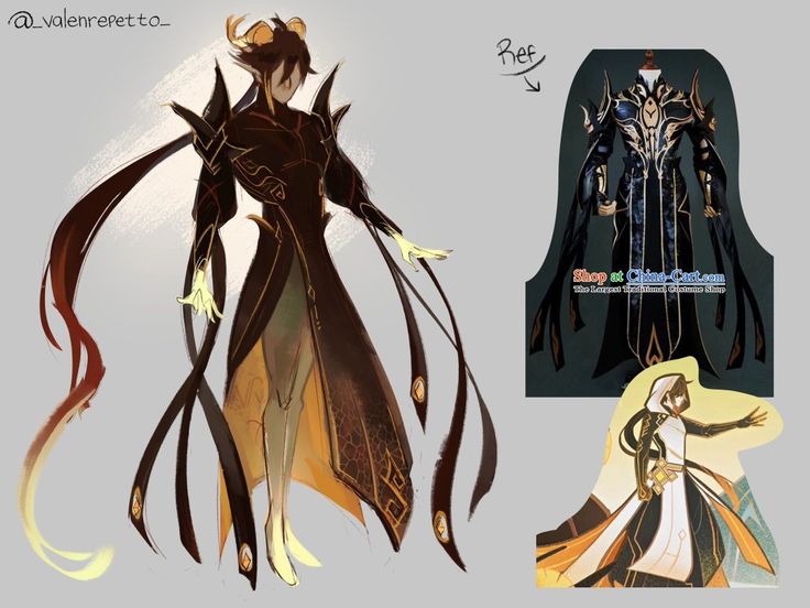 this image shows a digital sketch of a male anime character design. the character is drawn in a dynamic pose with his arms outstretched and his cape billowing behind him. he is wearing a black and gold outfit with horns, and he is holding a sword.  the image includes a reference image of the character's outfit, which is from a game or video game.