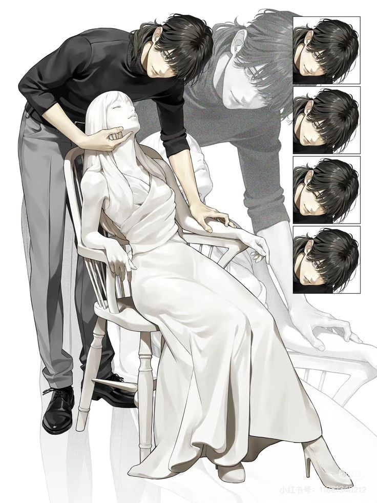 the image is a digital illustration in a grayscale style, reminiscent of anime or manga art. it depicts a man in a black turtleneck and grey trousers leaning over a woman who appears to be a statue or sculpture in a flowing white dress.  the woman is seated in a wooden chair. the man's hands gently rest on the woman's face and shoulders.  in the background, a series of smaller, slightly blurred panels show the same man in various poses, possibly showcasing a range of expressions or angles for artistic reference. the overall mood is romantic, yet slightly melancholic or mysterious. the style is highly stylized, with a focus on smooth lines and subtle shading.