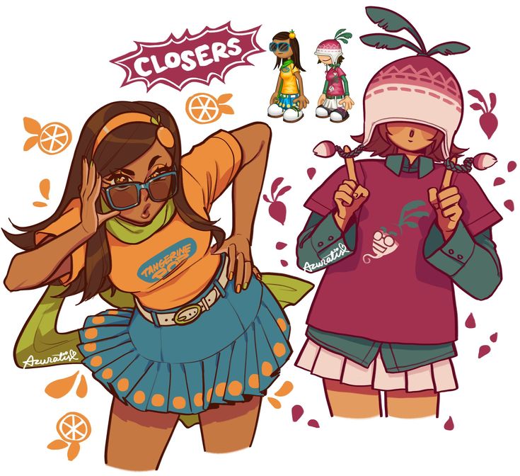 the image is a digital illustration of two young women, one with long brown hair wearing a headband, sunglasses, an orange tshirt with the words "tangerine fizz", and a blue and orange polka dot skirt, and the other wearing a pink hat, a maroon shirt, and a white skirt.  the two women are standing side by side, both smiling and looking happy. the word "closers" is in a speech bubble above the women. the image is bright and colorful and appears to be a depiction of friends.