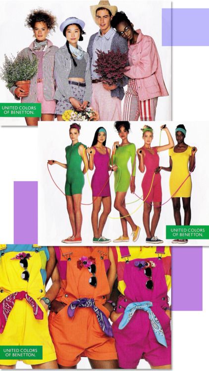 advertisement from the united colors of benetton featuring diverse models and vibrant colors. the ad showcases people in various outfits, including sweaters, shorts, dresses, and jumpsuits. the image has a vintage aesthetic and evokes a sense of fashion and unity.