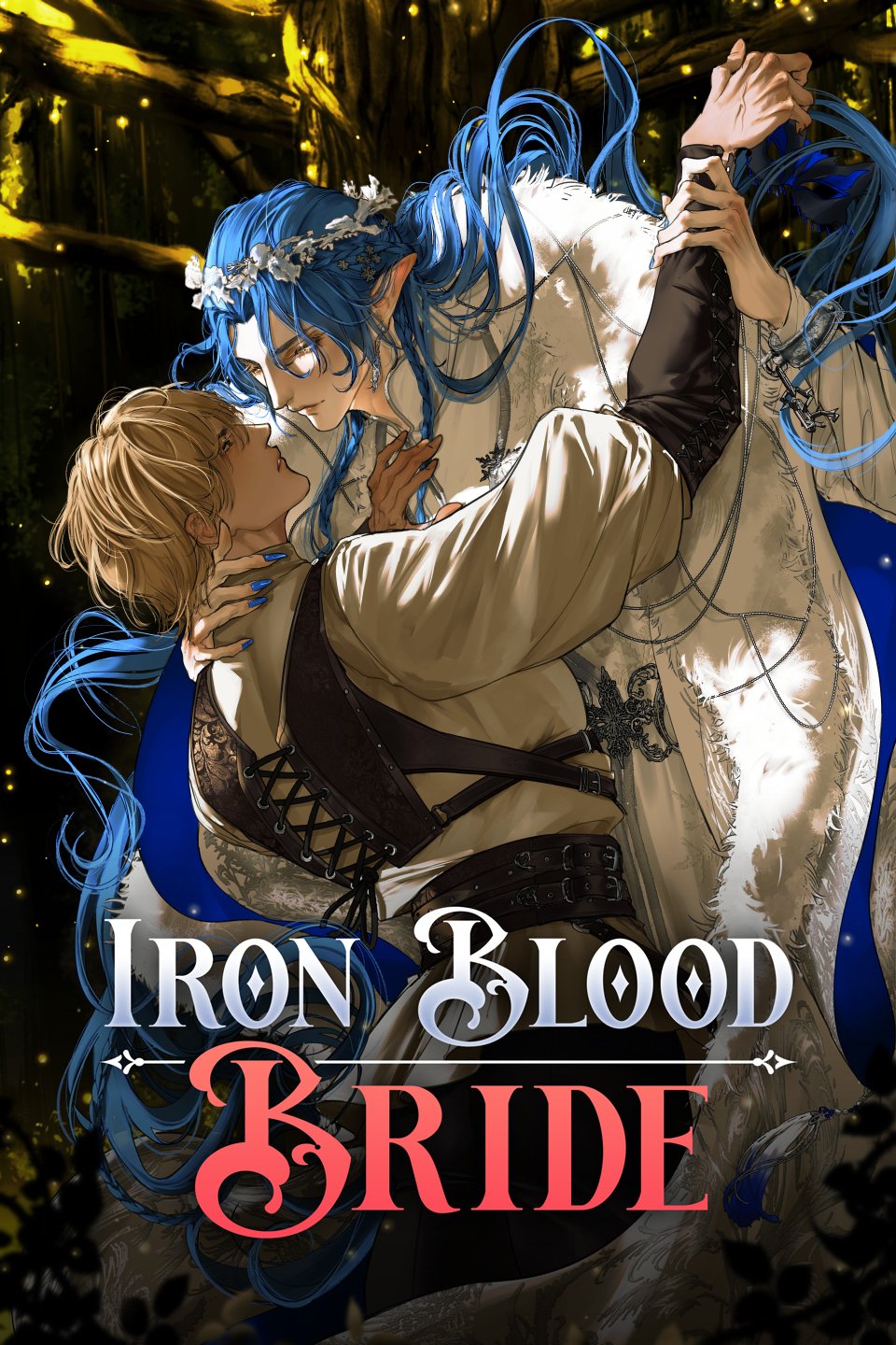 he image is a book cover for a fantasy romance novel titled "iron blood bride." it features a dynamic illustration of two men embracing in a passionate dance. the man with blue hair, possibly an elf, is dressed in white and holds the blondehaired man closely. the blondehaired man wears dark clothing and holds the bluehaired man tightly. the background is a dark forest with glowing lights, enhancing the mystical atmosphere. the title is prominently displayed in a stylish font. the overall style is reminiscent of manhwa or manga art.  the image evokes themes of love, passion, and possibly a fantasy story involving magic and mystical elements.