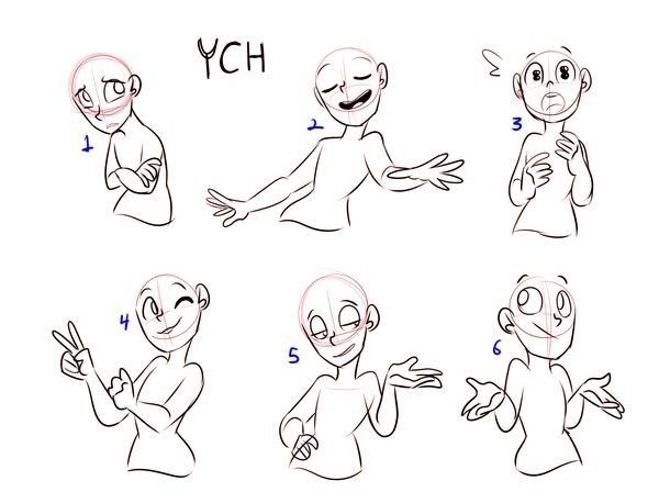 the image shows six different sketches of character poses. each sketch includes the body, face, and expressions of a character. the sketches are numbered from 1 to 6.  the word ych is written at the top of the image.