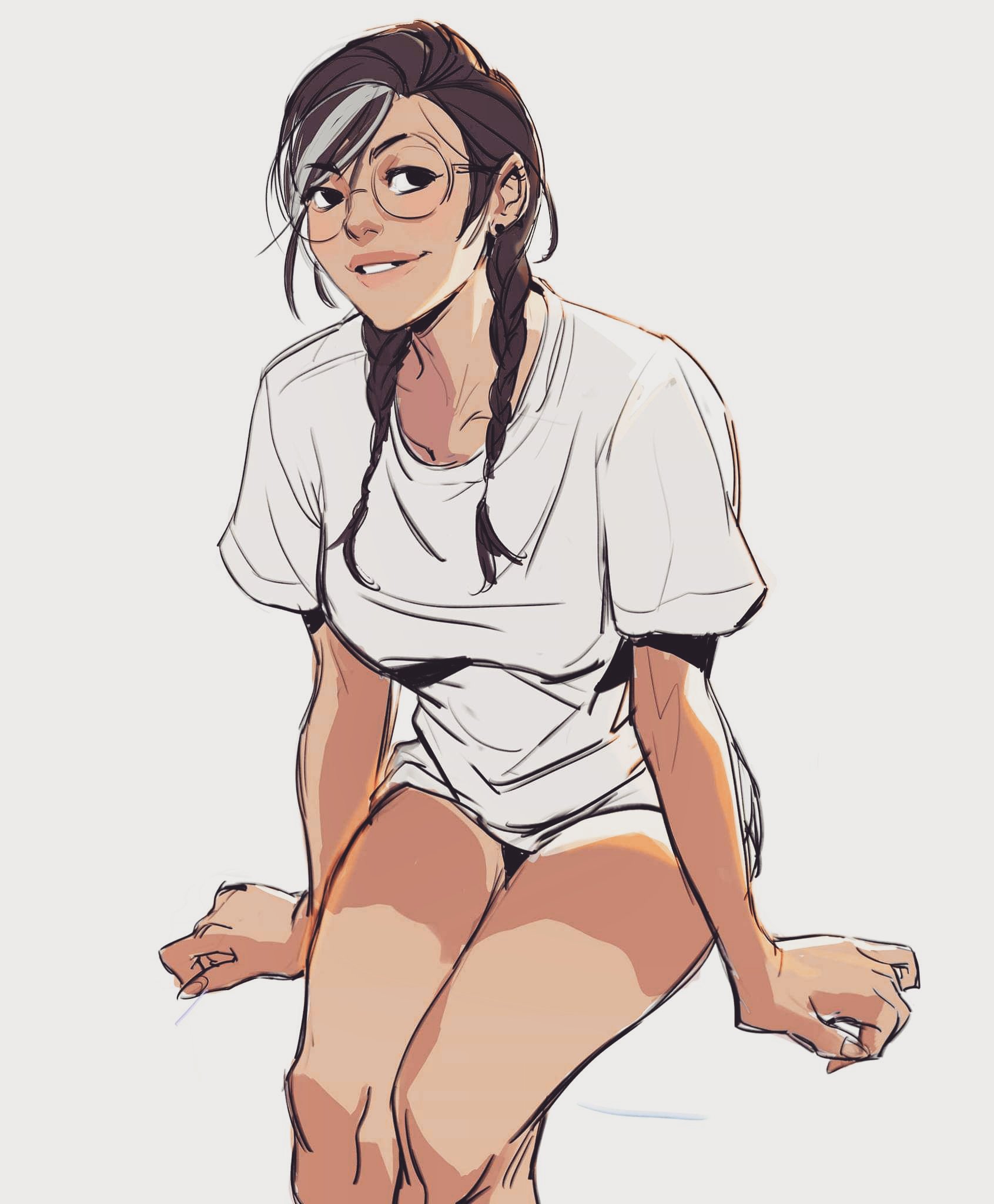 the image is a digital drawing of a young woman. she is sitting with her legs bent and slightly parted, her arms resting on her thighs. she is wearing a white, oversized tshirt.  her hair is dark brown with lighter streaks near her face and is styled in two braids. she is wearing round glasses and has a pleasant expression on her face.  the style is a loose, sketchy style common in digital art and resembles anime or manga aesthetics. the background is plain and light, emphasizing the figure.  there's a suggestion of sunlight hitting her skin, creating shading on her legs and arms. the overall mood is relaxed and casual.