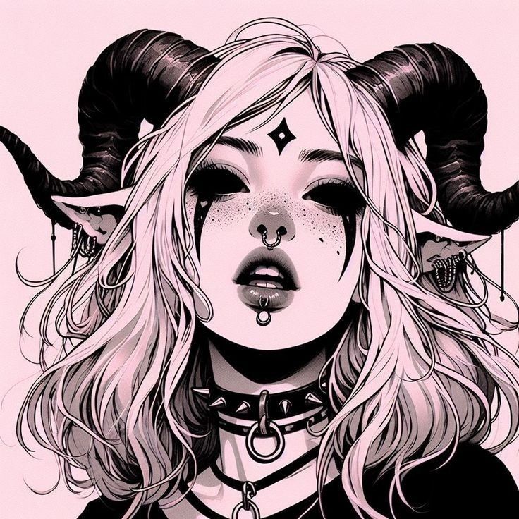this is a digital illustration of a beautiful anime girl with black horns and pointy ears. she is wearing a choker with spikes and has a dark aesthetic with black and white colors. she looks like a dark goth girl.