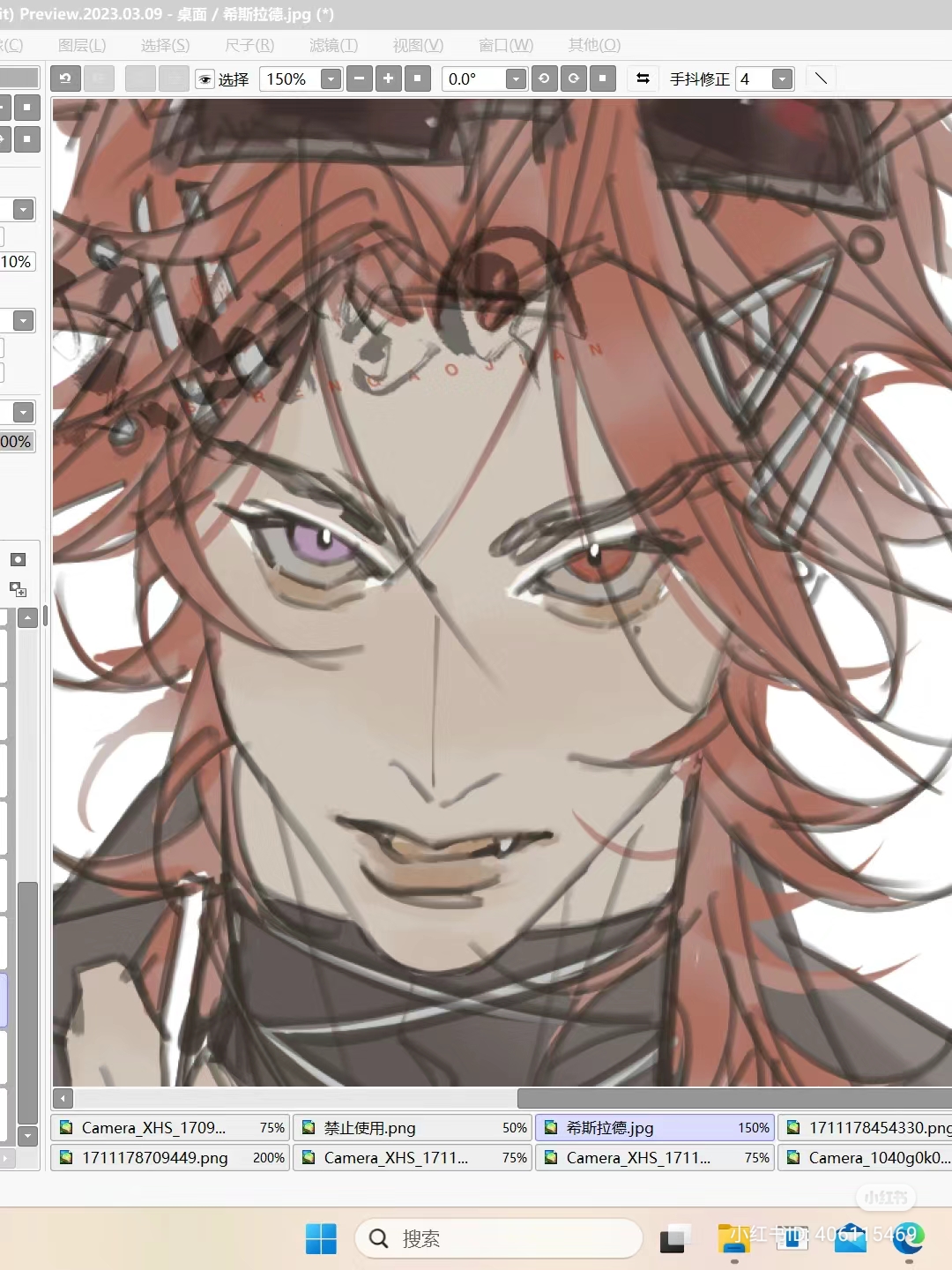 this image showcases a closeup, workinprogress digital illustration of a male character with horns. he has striking purple eyes and a mischievous smirk, highlighted by soft lighting that emphasizes his features. the image appears to be a screenshot from a digital art program, evidenced by the interface elements surrounding the artwork.