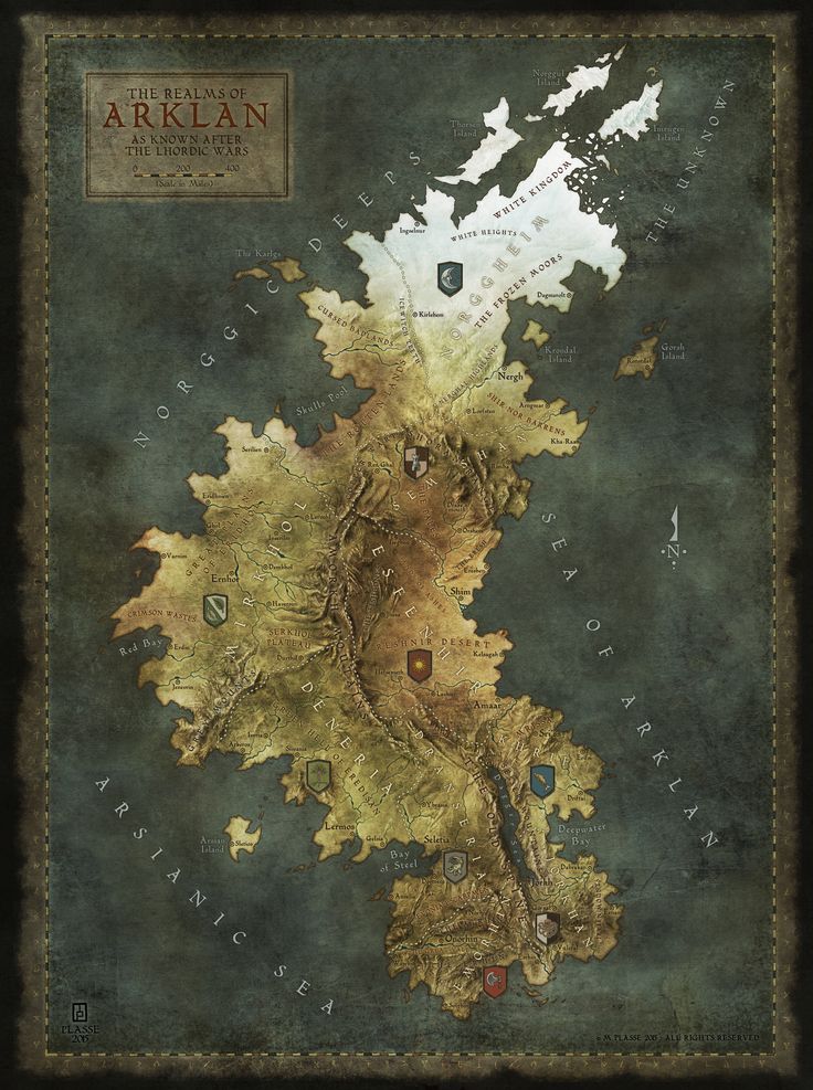 this is a map of a fictional realm called arklan. it features many different kingdoms and regions, including norggicodeep, the white kingdom, monan, and the arsianic sea. the map is also adorned with symbols representing different places and landmarks.