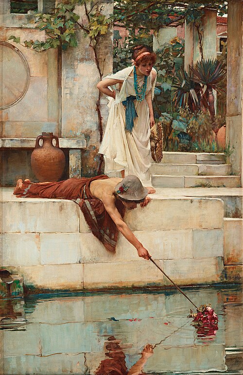 the painting "the bouquet" by john william waterhouse depicts a scene in a classical or ancient setting. a woman in a white dress with a blue sash and a garland in her hair stands on a stone step, looking down at a man lying on a stone ledge. the man, wearing a hat, is using a stick to retrieve a bouquet of flowers from the water. the water reflects the man and the bouquet. the background includes classical architecture, columns, and steps, as well as a garden with lush foliage. an urn sits near the woman.