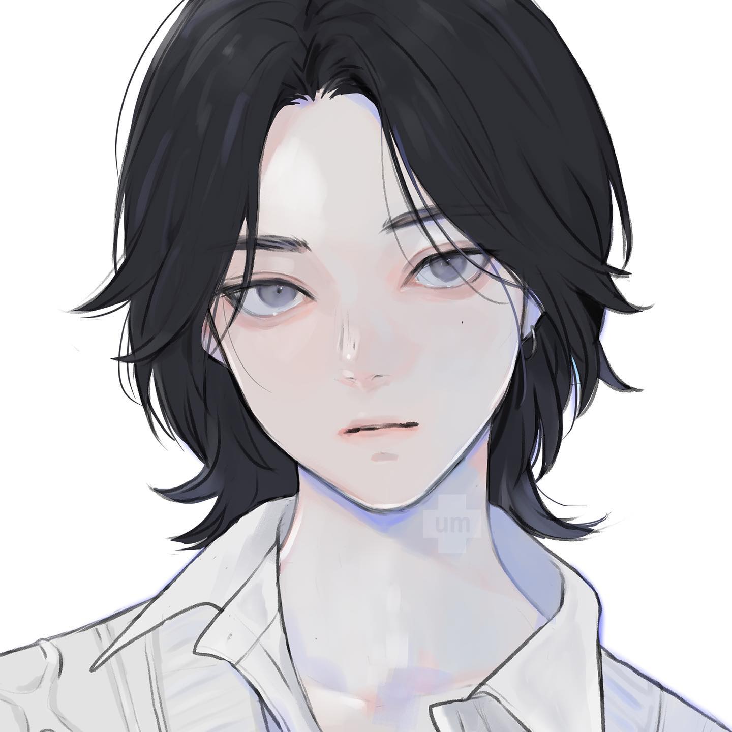 a digital drawing of an animestyle boy. he has shoulderlength black hair, pale skin, and soft features. his expression is subtle and serene. he's wearing a white shirt with a collar. the overall style is clean, minimalist, and aesthetic.