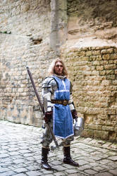 a man dressed in a medieval knight costume stands in a cobblestone street next to an old stone wall. he is wearing a blue tunic and metal armor, holding a poleaxe.  the overall atmosphere is medieval or fantasythemed.