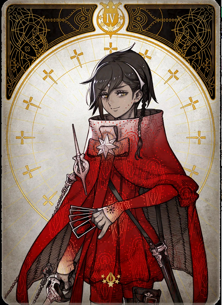 this image is a digital illustration of a tarot card. the card features a young person with short dark hair and red eyes. they are wearing an elaborate red robe with gold accents and a white collar adorned with a star. the figure is holding a set of three cards in their right hand and a staff in their left. the background of the card is creamcolored and features a circular design with crosses and intricate patterns. the number "iv" is visible at the top of the card, suggesting it may be related to the emperor or the hierophant card in a traditional tarot deck.
