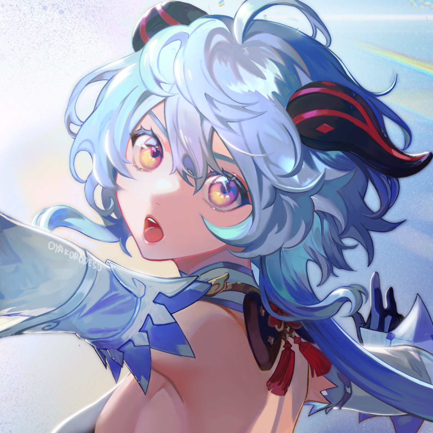 this is a digital art illustration of a young anime girl with blue and white hair, purple eyes, red horns, and a blue and white outfit. she is looking off to the side with a surprised expression on her face. the artwork is very detailed and has a vibrant color palette.