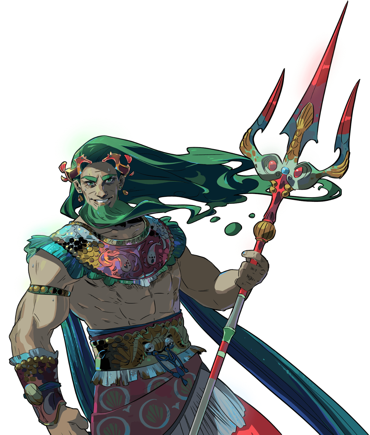 this is a fantasy illustration of a muscular man with green hair, wearing ornate jewelry and blue and red clothes, standing in a dramatic pose, holding a golden trident. he has an evil smile on his face and looks powerful and strong. he appears to be a god of the sea or a similar mythical creature.