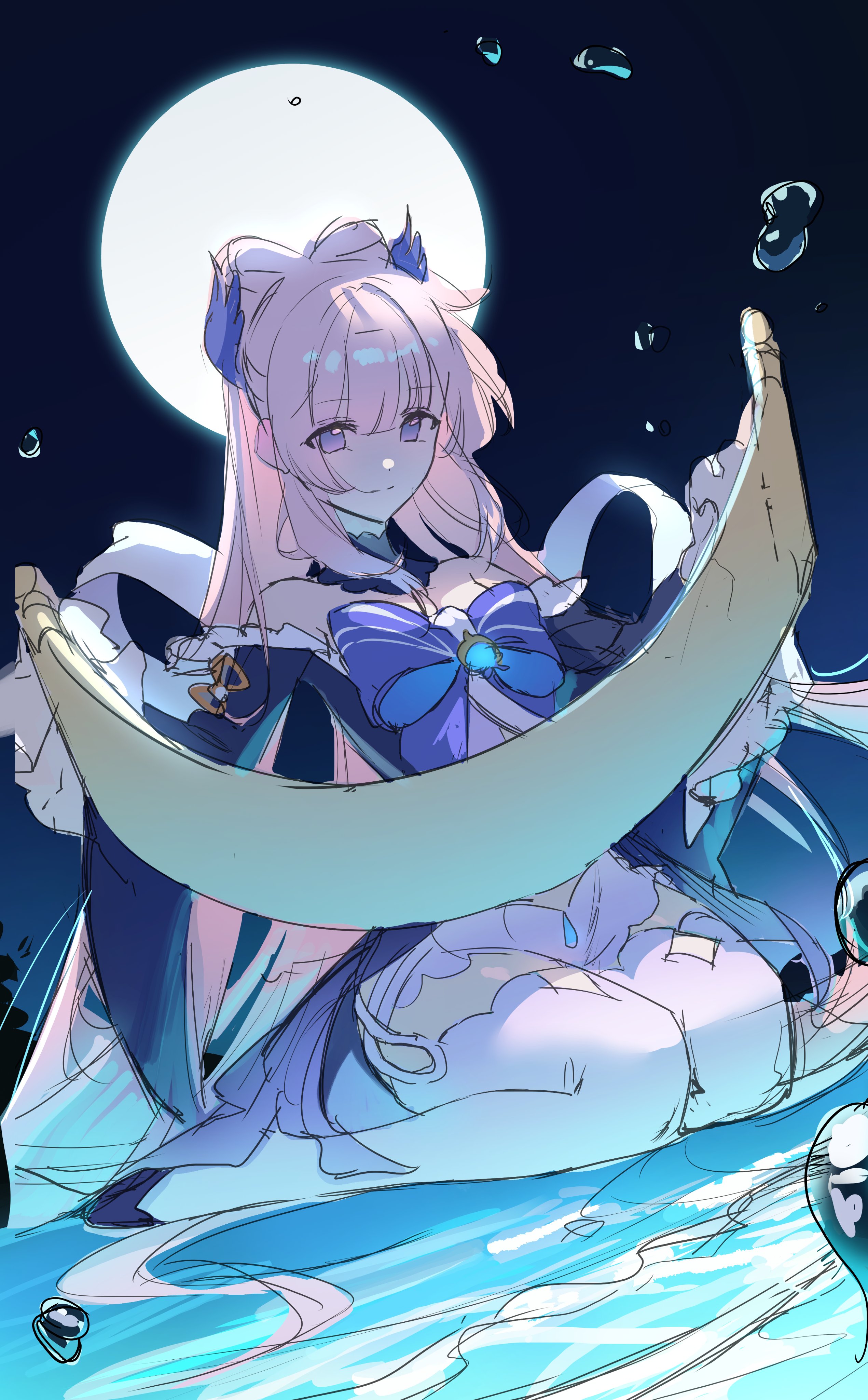 an illustration of kokomi from genshin impact, an anime girl with long pink hair and purple eyes. she is wearing a blue and white outfit and holding a crescent moon prop. she is floating in water with bubbles around her, and there is a large moon in the background. the style is digital art and has a fantasy feel. she looks cute.