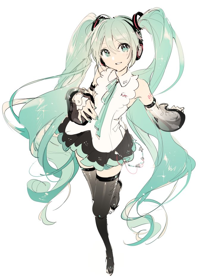 a fullbody illustration of hatsune miku, a vocaloid character, with long blue twin tails, wearing headphones, a white and black dress, and black thigh high socks.