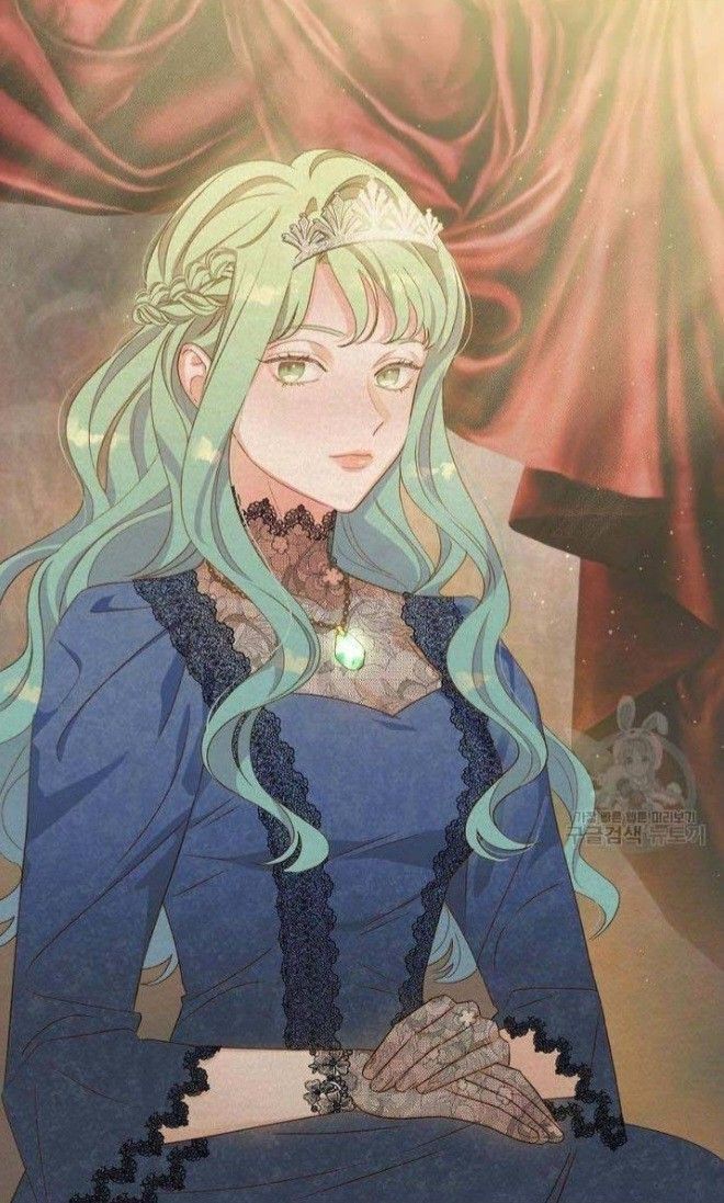 the image showcases a stunning animestyle portrait of a young woman, possibly a princess or queen, exuding elegance and grace.  she possesses long, wavy teal hair, styled elegantly, adorned with a delicate tiara.  her attire consists of a regal blue dress with intricate black lace detailing, complemented by a necklace featuring a green gemstone pendant and delicate gloves. the soft pastel color palette and gentle lighting create a serene atmosphere, enhancing her regal presence.  the background features a softhued curtain, suggesting a luxurious setting. the overall style hints at a fantasy or fairytale theme.