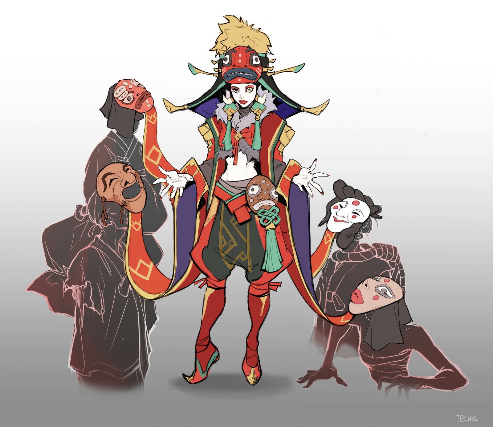 the illustration depicts a central female character in vibrant, ornate clothing reminiscent of traditional east asian attire, specifically perhaps japanese or chinese elements. she wears a large, ornate mask resembling an oni mask.  she is surrounded by three shadowy, almost ghostly figures. each of these figures is partially transparent and appears to be holding a mask to their face. the central character seems playful or mischievous as she interacts with the spectral beings. the art style is a blend of anime and manga influences with a painterly quality to the shading and color palette. the overall atmosphere is fantastical and a touch mysterious. the color scheme is dominated by rich reds and golds, creating a visually striking contrast against the muted tones of the ghostly figures.
