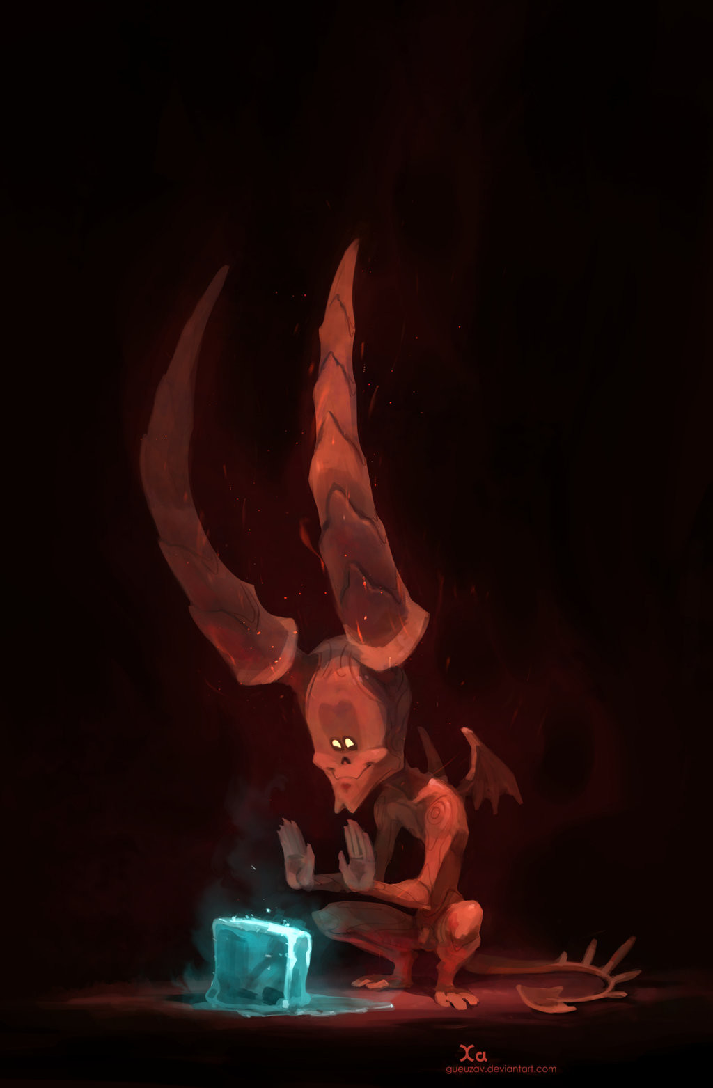 a red demonlike creature with large horns is squatting down and holding a glowing blue cube in front of it. the creature has a mischievous expression on its face. it is set against a dark background with a hint of red, possibly fire. the creature looks like it is experimenting or playing with the cube.