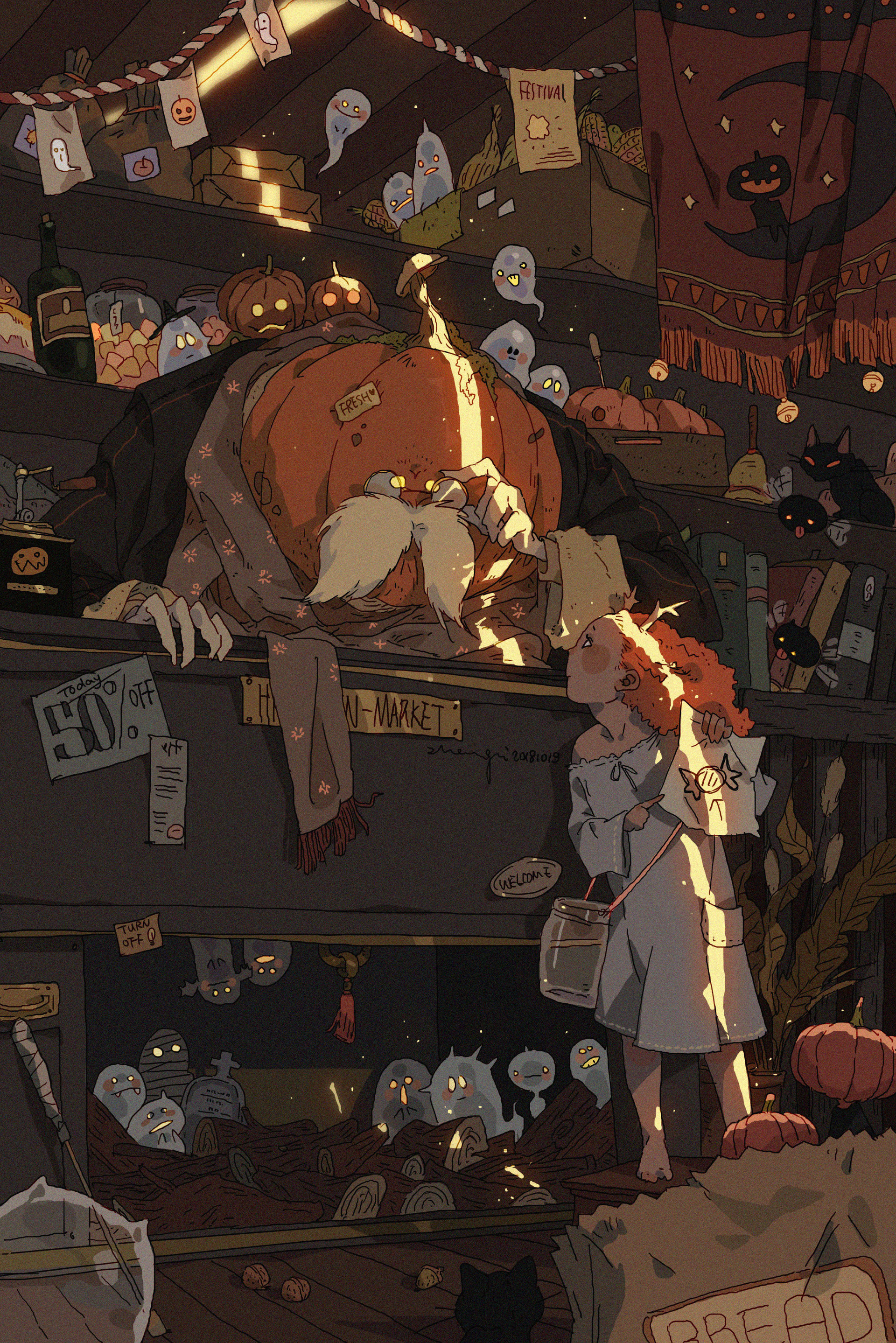 an illustration of a cute magical shop. a pumpkin with a human face and white beard is the shop owner and is sitting on a shelf behind a counter, with the girl in a white dress standing in front of it. there are many ghosts floating around. the girl is holding a piece of paper. the pumpkin is selling bread and other spooky halloween items. the shop is well decorated for halloween with spooky and cute decor.