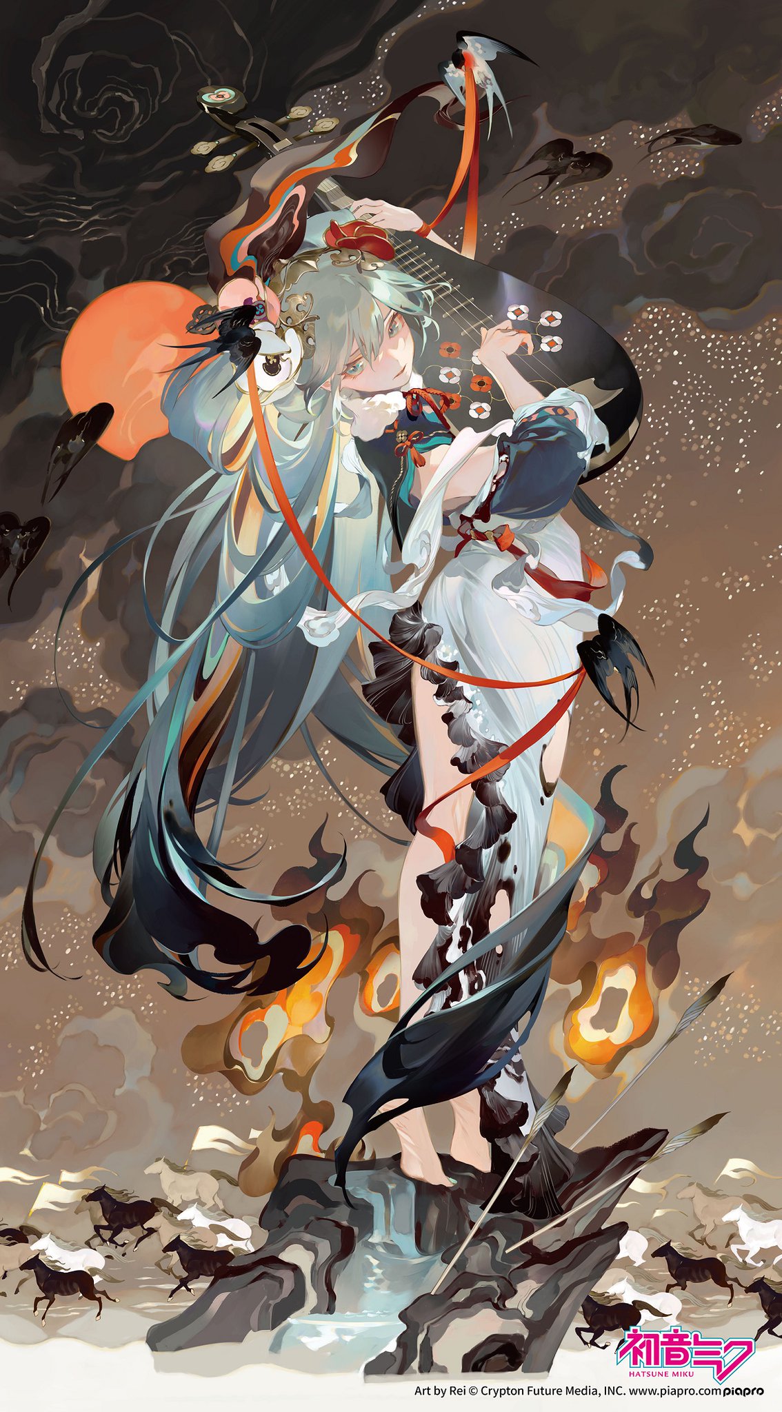 a fullbody illustration of hatsune miku in an asianinspired fantasy setting. she stands barefoot on rocks near water with running horses in the background. above, there are flames and birds flying. miku has long, flowing light green hair and is wearing a white dress with black accents and red ribbons. she is holding a pipa or lutelike musical instrument. an orange moon is visible in the upper left, and the overall style is detailed and ornate. the illustration is credited to rei and crypton future media.