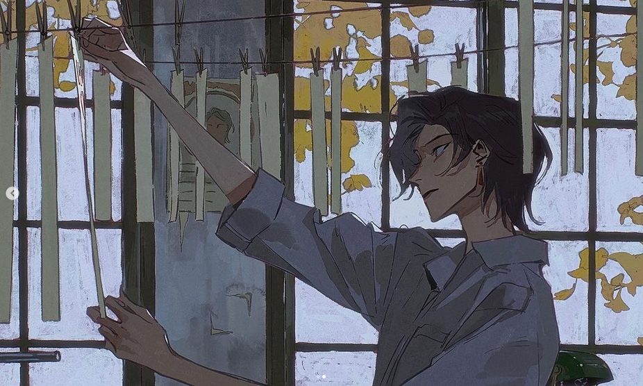 a digital illustration of an anime boy wearing a blue shirt. he is looking sadly out of a window with a bunch of pieces of paper hanging from a string. he's standing in a room that seems to be a home.  the illustration has a painterly quality with a distinct style using only lines and shading to make the subject matter.