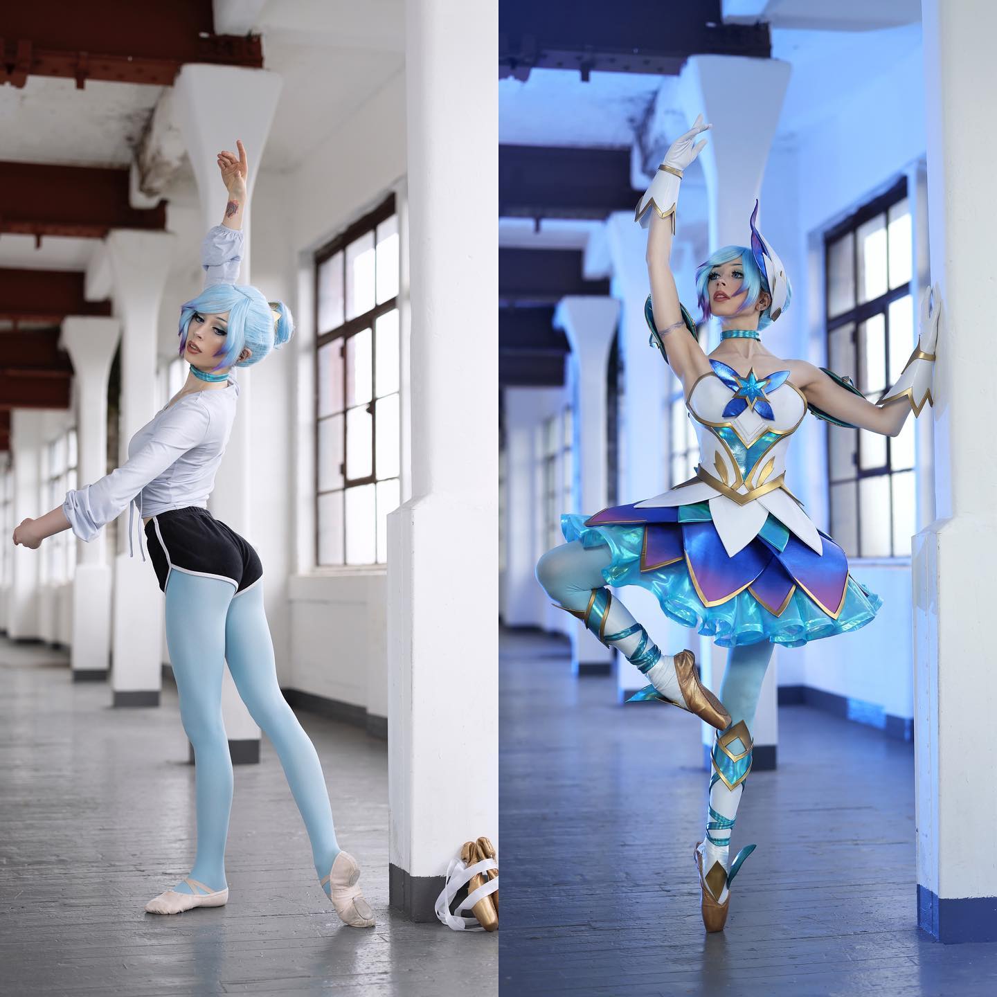 the image is a diptych showcasing a cosplay of gwen, a champion from the video game league of legends, in her "star nemesis" skin.  the left side depicts the cosplayer in a simplified version of the costume: a white top, black shorts, and light blue tights, performing a ballet pose with pointe shoes. the right side shows the completed, elaborate cosplay, which includes a detailed tutu, bodice, and winged accessories,  also in a ballet pose. both images are set in a bright, spacious studio with white pillars and large windows. the lighting and color scheme differ between the two halves of the image; the left is brighter and more natural, while the right has a cooler, more dramatic blue tone. the overall effect creates a striking contrast and shows the transformation from a simple outfit to a complex and visually stunning cosplay.