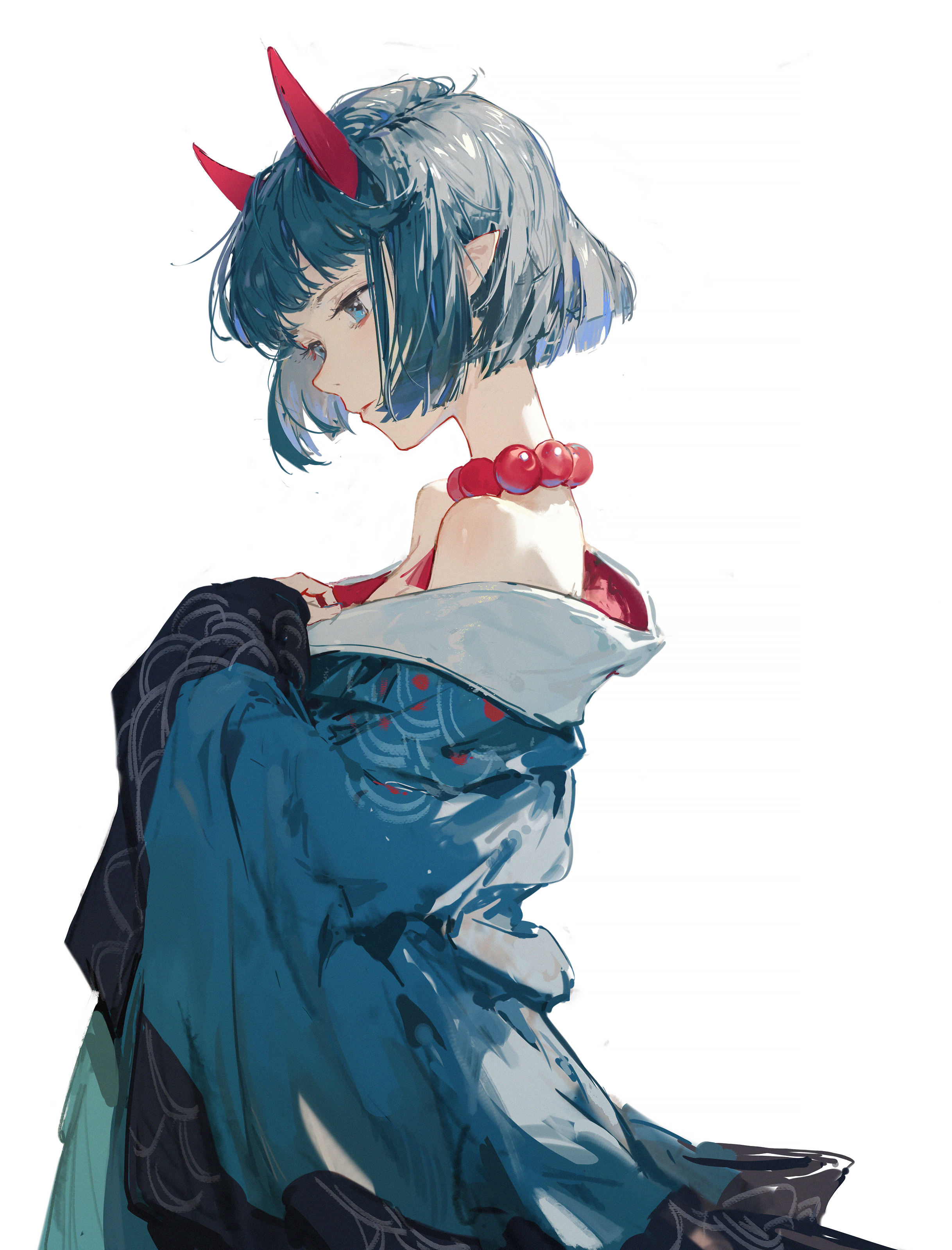 this is a digital illustration of an anime girl with blue hair and red horns, wearing a traditional japanese kimono. she has a wistful expression, and the art style is soft and ethereal. the background is a simple white, allowing the girl to be the focus of the image.