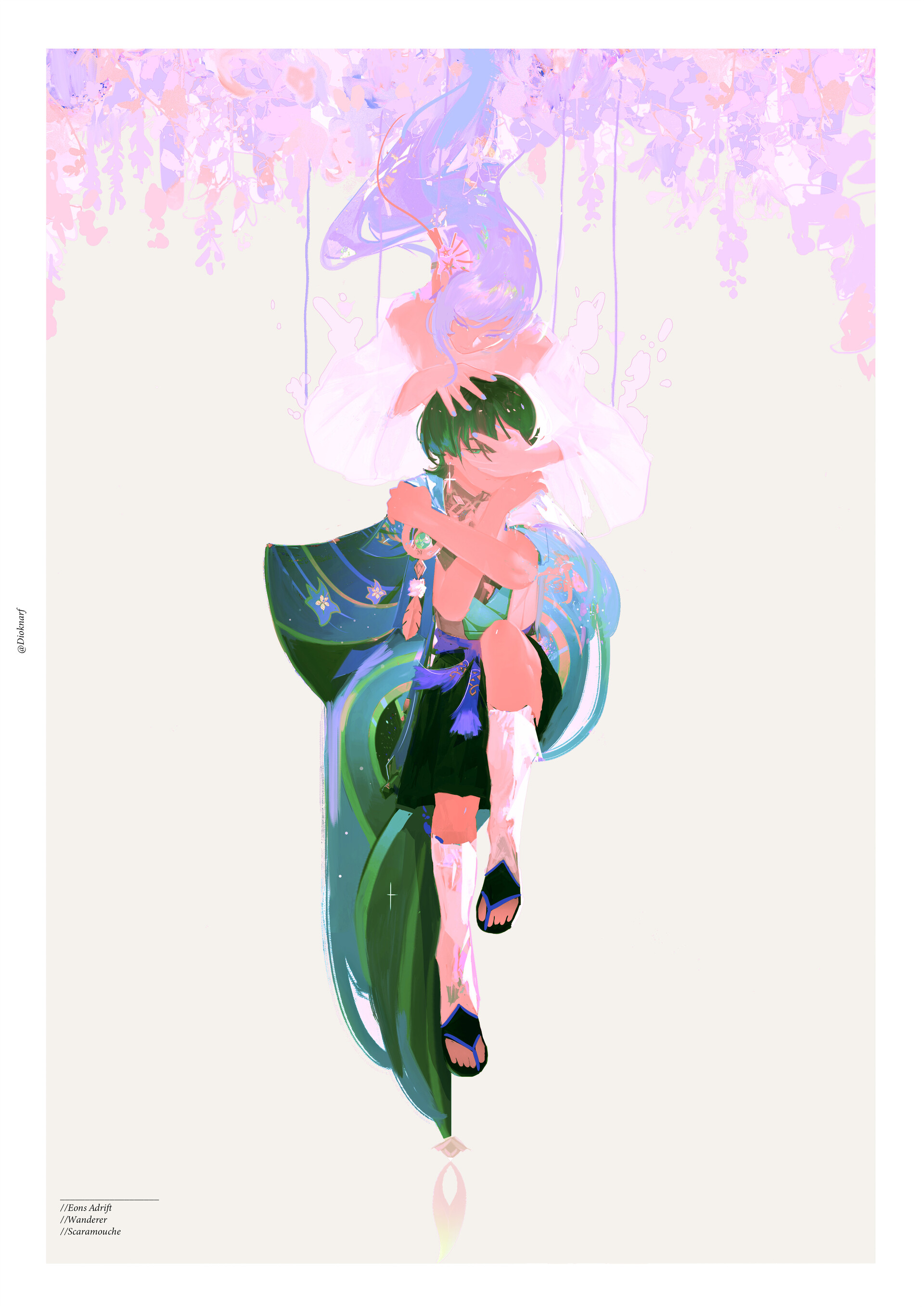 a romantic illustration of a young man in traditional japanese clothing being embraced by a woman with long flowing blue hair. they are surrounded by blooming wisteria flowers with a soft purple and pink palette.  the perspective is slightly elevated, giving a sense of floating or weightlessness. the style is distinctly anime, with expressive lines and vibrant colors.