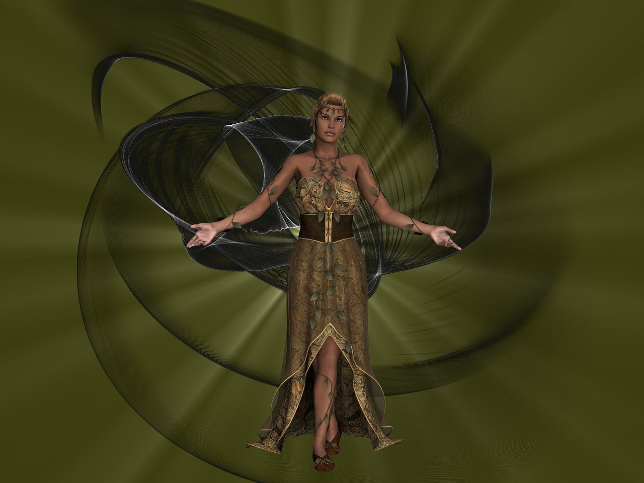 a woman in a long, green dress stands with her arms outstretched against a green background. she is surrounded by abstract, swirling designs and light beams. the dress has a floral pattern and a brown corsetlike belt. the woman has leaves and vines wrapped around her arms and neck. she appears to be a fantasy character, possibly a goddess or elf.
