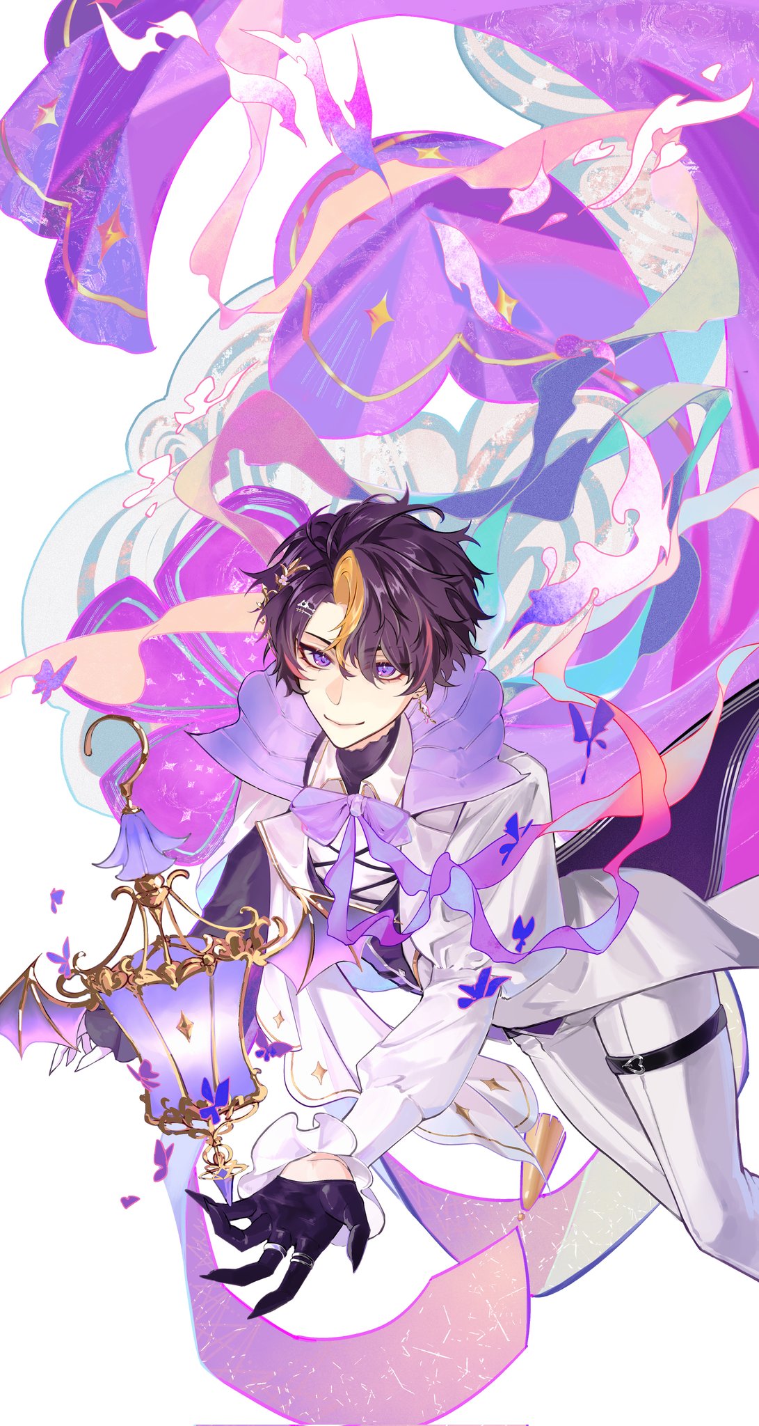an anime male character with purple hair and eyes, dressed in a white coat and a purple cape, holding a lantern. he is floating in the air, surrounded by purple and pink clouds. the art style is very detailed and whimsical, with a magical and ethereal atmosphere.